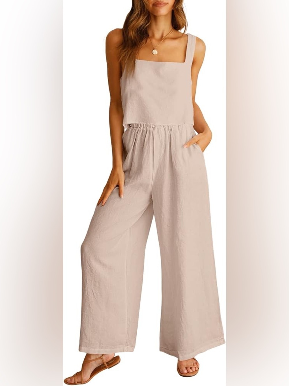 Anrabess 2 Piece Set Beige Sleeveless Top Wide Leg Pants Lounge Matching Set XL